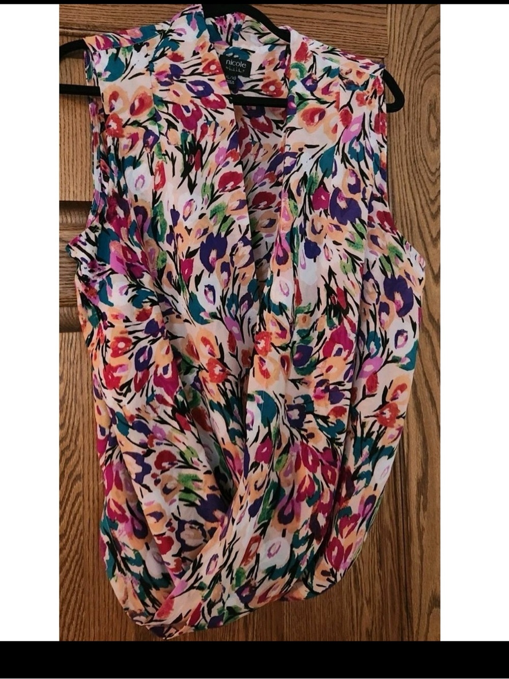 Nicole Miller Multicolor Floral wrap front Print Top with Teal Accent